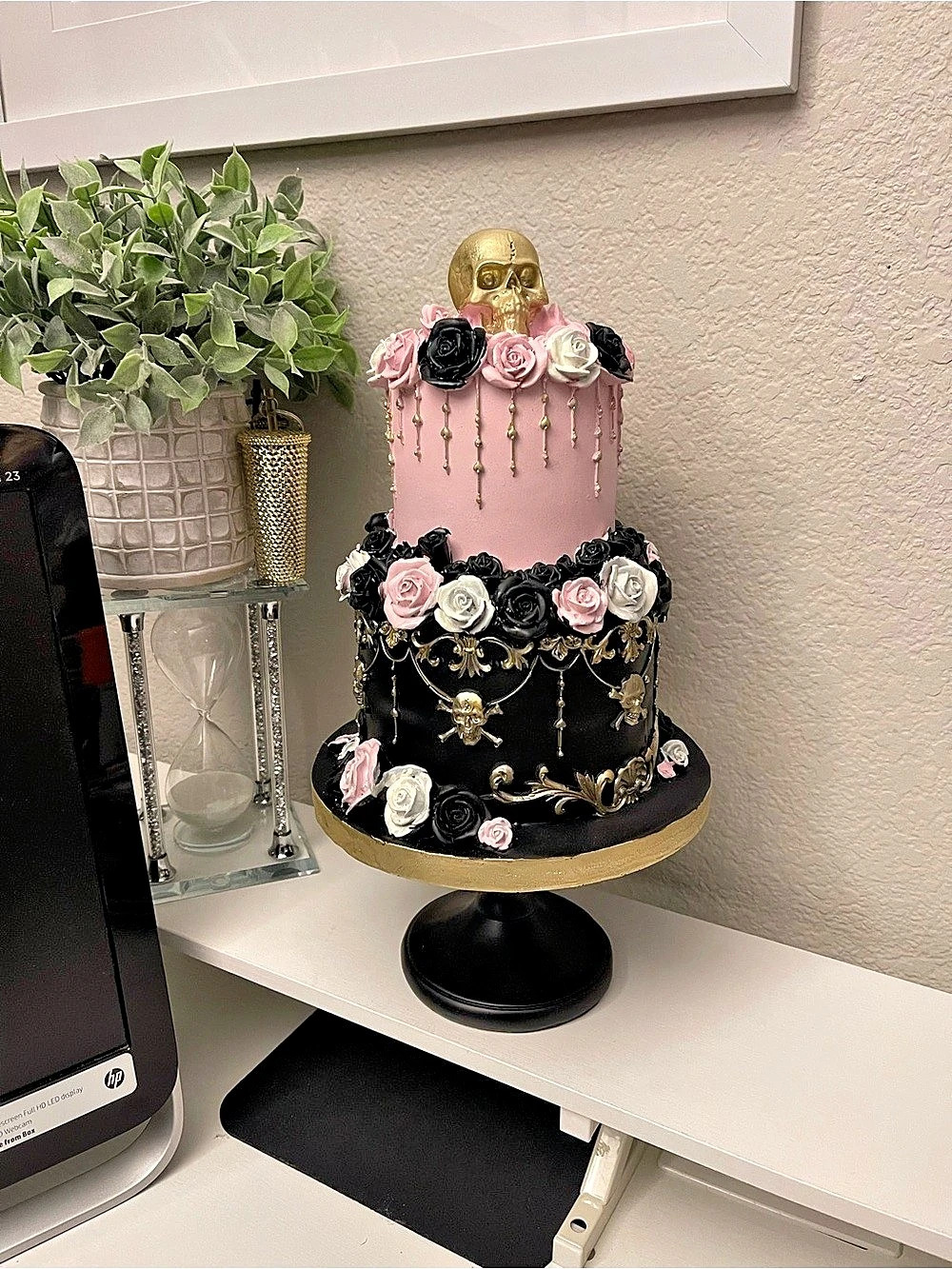 Pink & Black Skull Cake Decor